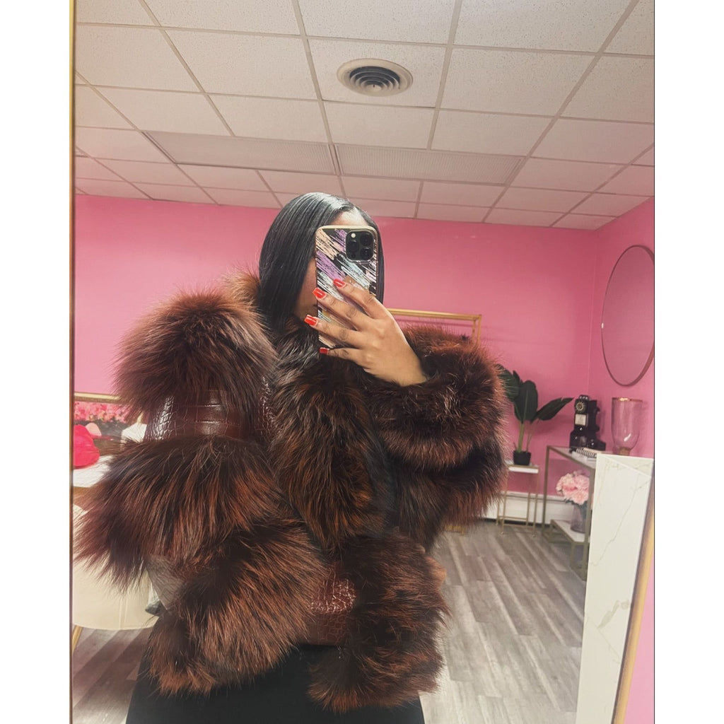 Brown Nova leather jacket with fur trim ( ready to ship ) The Fashion bar