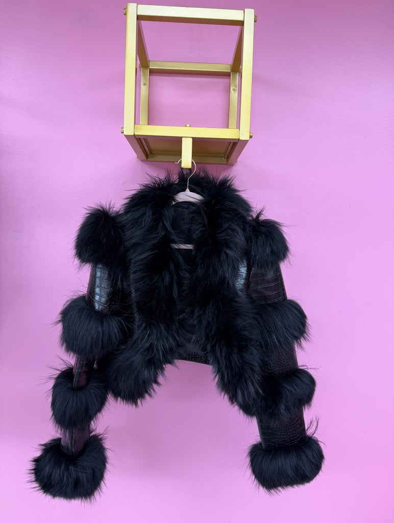 Black Nova leather jacket with croc fur trim ( ready to ship ) The Fashion bar