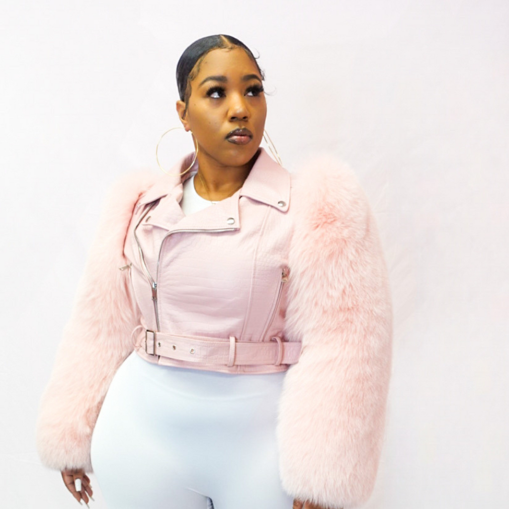 Pink fur 2025 biker jacket